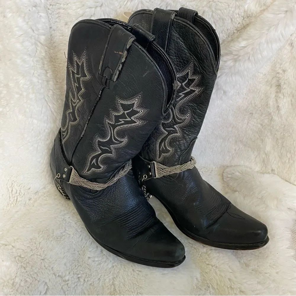 DINGO black western cowboy leather boots with ornate silver chain 6
